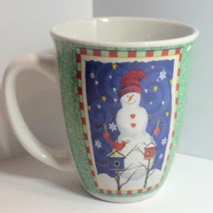 SNOWMAN BLUE AND GREEN COFFEE MUG WITH BIRDS AND BIRDHOUSES 4" TALL